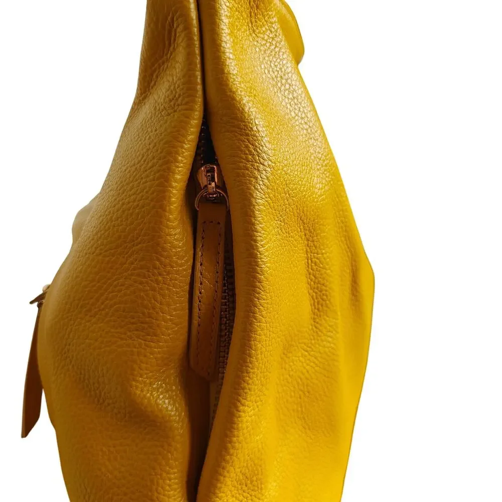 Laggo Pebbled Leather Hobo Shoulder Bag Yellow – Zip Top, Studded Front Pocket - Picture 3 of 8